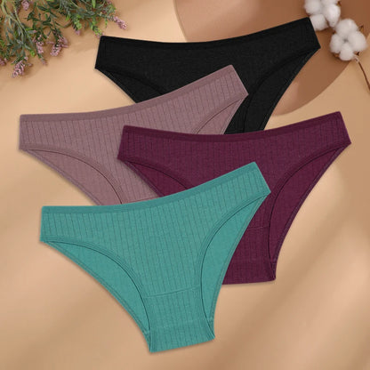 4Pcs/Set Cotton Panties Women Striped Solid Color Briefs Sexy Low-Waist Breathable Underpants Ladies Soft Stretch Lingerie M-XL