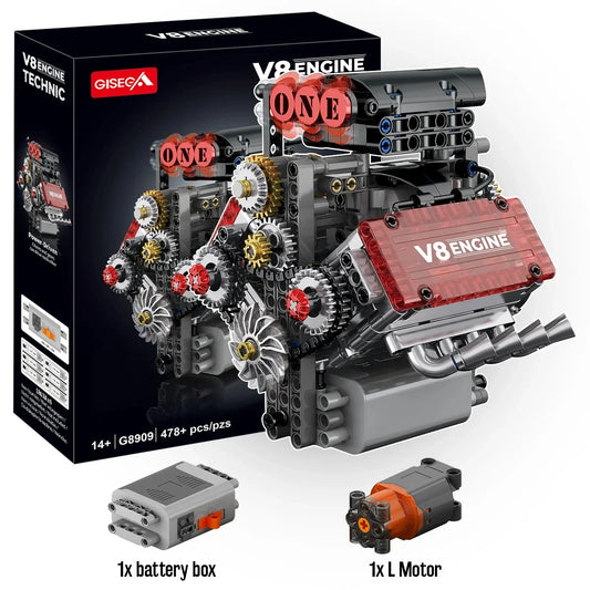 Simulation 478pcs V8 Engine Motorized Building Blocks Model Mechanical Electrically Drive Ornament Cars Parts Toys Gifts Adult