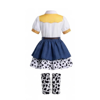2026 Cool Girl Western Cowgirl Suit Double Layer Cow Print Skirt With Leg Warmers Kid Toy Party Movie Costume Fancy Jessie Dress