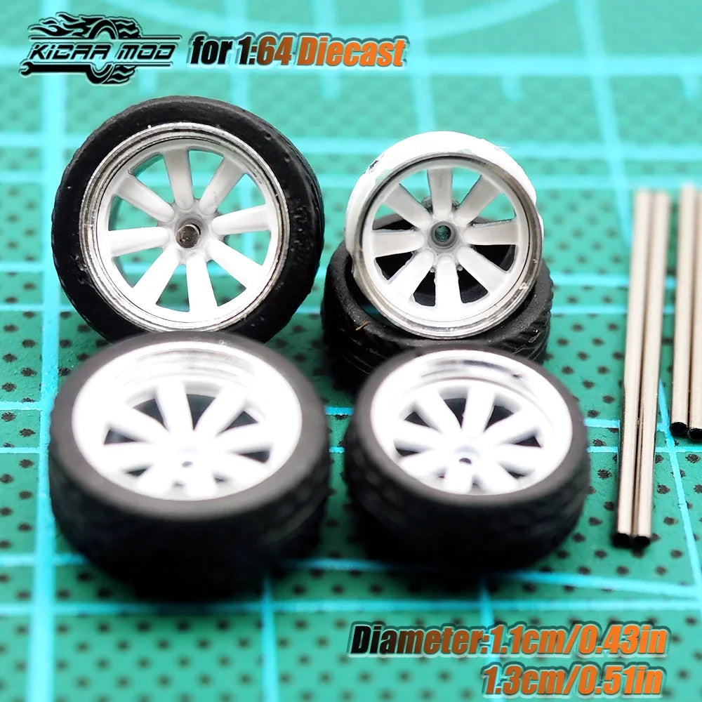 Kicarmod 1/64 Model Car ABS Wheels with Rubber Tire Metal Rims Front Small Rear Large Refitting Parts For Model Car