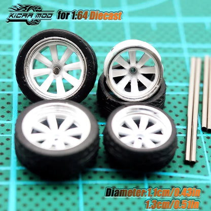 Kicarmod 1/64 Model Car ABS Wheels with Rubber Tire Metal Rims Front Small Rear Large Refitting Parts For Model Car