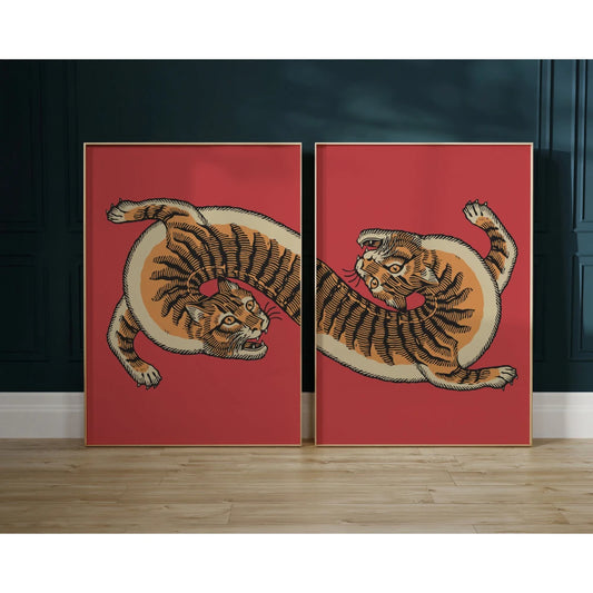 2pcs Retro Japanese Animal Print-Themed Poster Classic Wabi-Sabi Frameless Canvas Art Home Decor for Living Rooms and Bedrooms