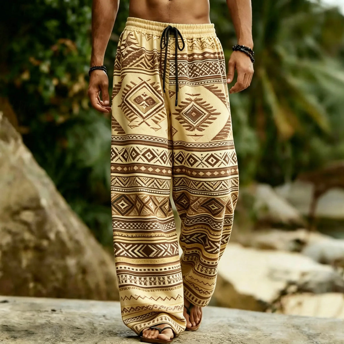 Men's Aztec Tribal Geometric Print Drawstring Wide Leg Pants, Casual Loose Trousers For Spring Summer Beach & Daily Wear