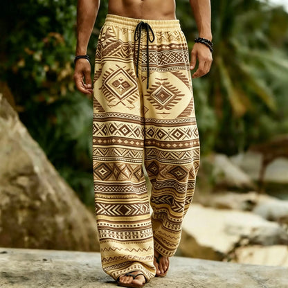 Men's Aztec Tribal Geometric Print Drawstring Wide Leg Pants, Casual Loose Trousers For Spring Summer Beach & Daily Wear