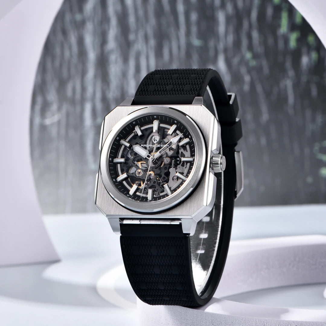 PAGANI DESIGN Sports Square Men's Mechanical Automatic Watch, Waterproof Skeleton Retro Leather Outdoor Sports Luminous Gift Men