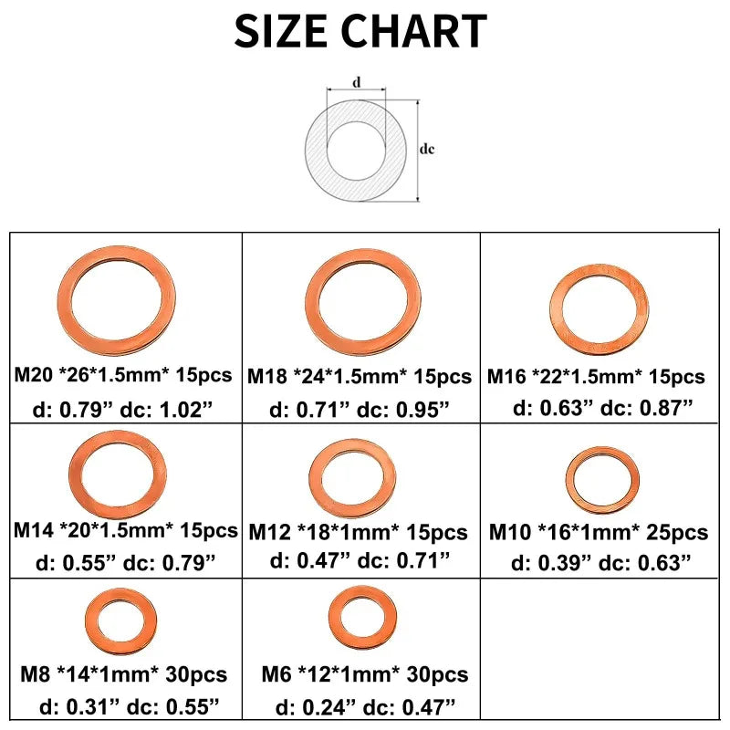 400/300/280/200/100pcs Copper Washers O Ring Copper Gaskets Flat Ring Seal Kit M5 Seal Combination Kit for Oil Pan Plugs