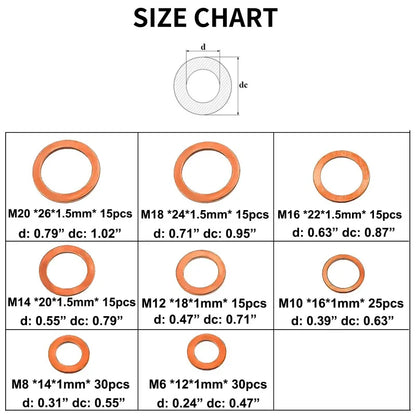 400/300/280/200/100pcs Copper Washers O Ring Copper Gaskets Flat Ring Seal Kit M5 Seal Combination Kit for Oil Pan Plugs
