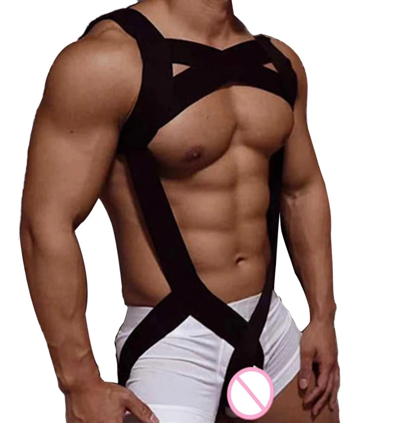 CLEVER-MENMODE Sexy Lingerie Men's Harness Chest Bodysuit Hollow Out Bondage Elastic Penis Ring Hole Erotic Costume