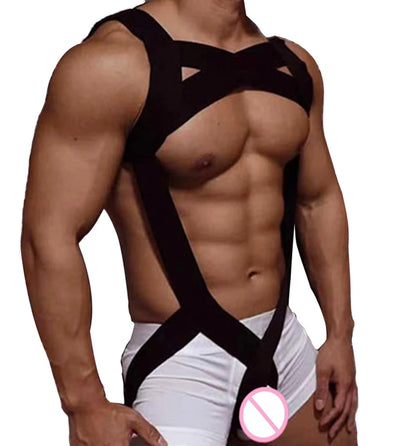 CLEVER-MENMODE Sexy Lingerie Men's Harness Chest Bodysuit Hollow Out Bondage Elastic Penis Ring Hole Erotic Costume