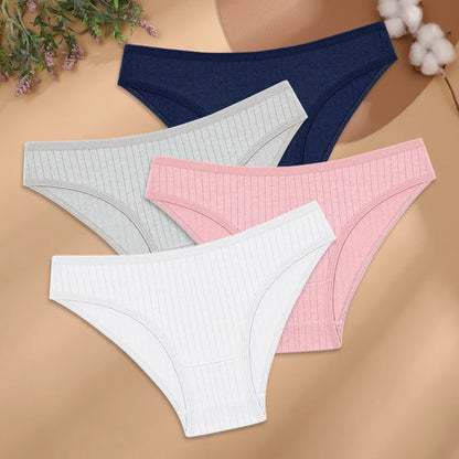 4Pcs/Set Cotton Panties Women Striped Solid Color Briefs Sexy Low-Waist Breathable Underpants Ladies Soft Stretch Lingerie M-XL