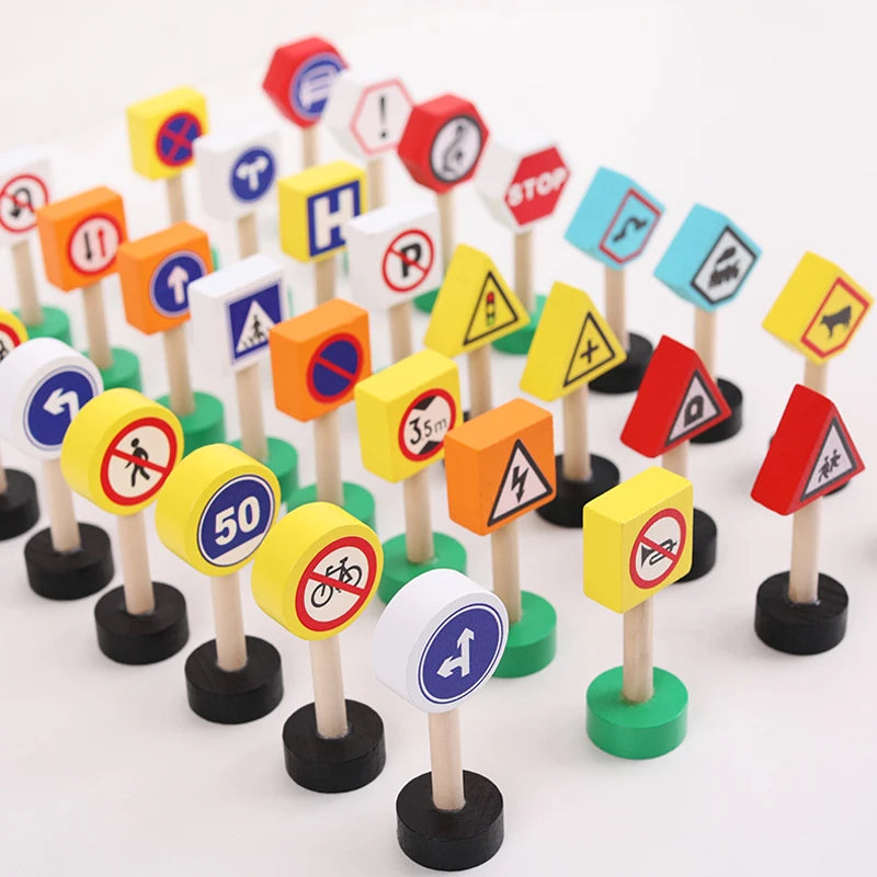 Wooden Children's City Traffic Road Signs Signboards Safety Awareness Scene Building Blocks Early Education Educational Toys