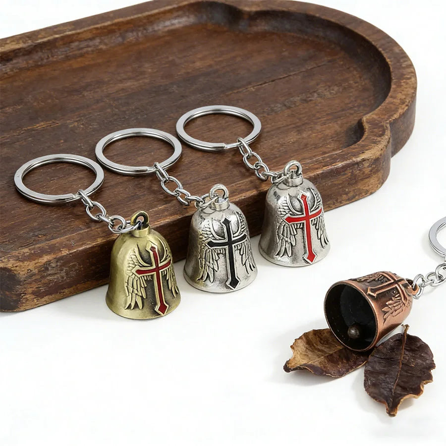 Punk Style Bell Keychain Metal Wing Cross Pendant Vintage Helmet Motorbike Rider Charm Bag Car Key Ring Gift