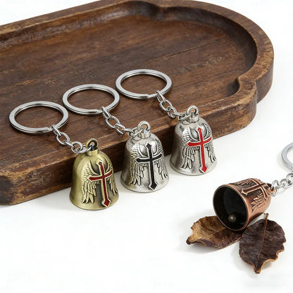 Punk Style Bell Keychain Metal Wing Cross Pendant Vintage Helmet Motorbike Rider Charm Bag Car Key Ring Gift