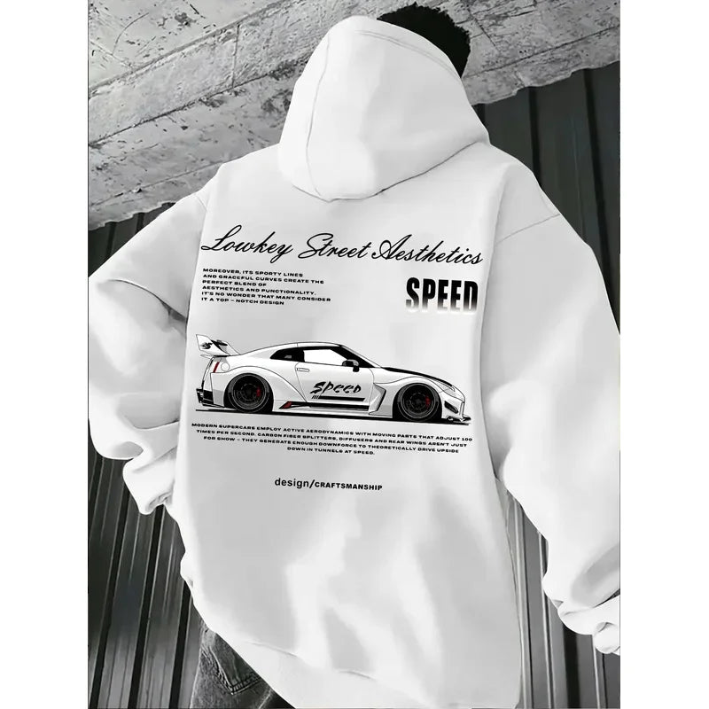 2026 New Arrival Sports Car Graphic Hoodie for Men White Street Racing Aesthetic Pullover with SPFRD Letter Print Streetwear