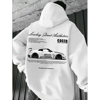 2026 New Arrival Sports Car Graphic Hoodie for Men White Street Racing Aesthetic Pullover with SPFRD Letter Print Streetwear