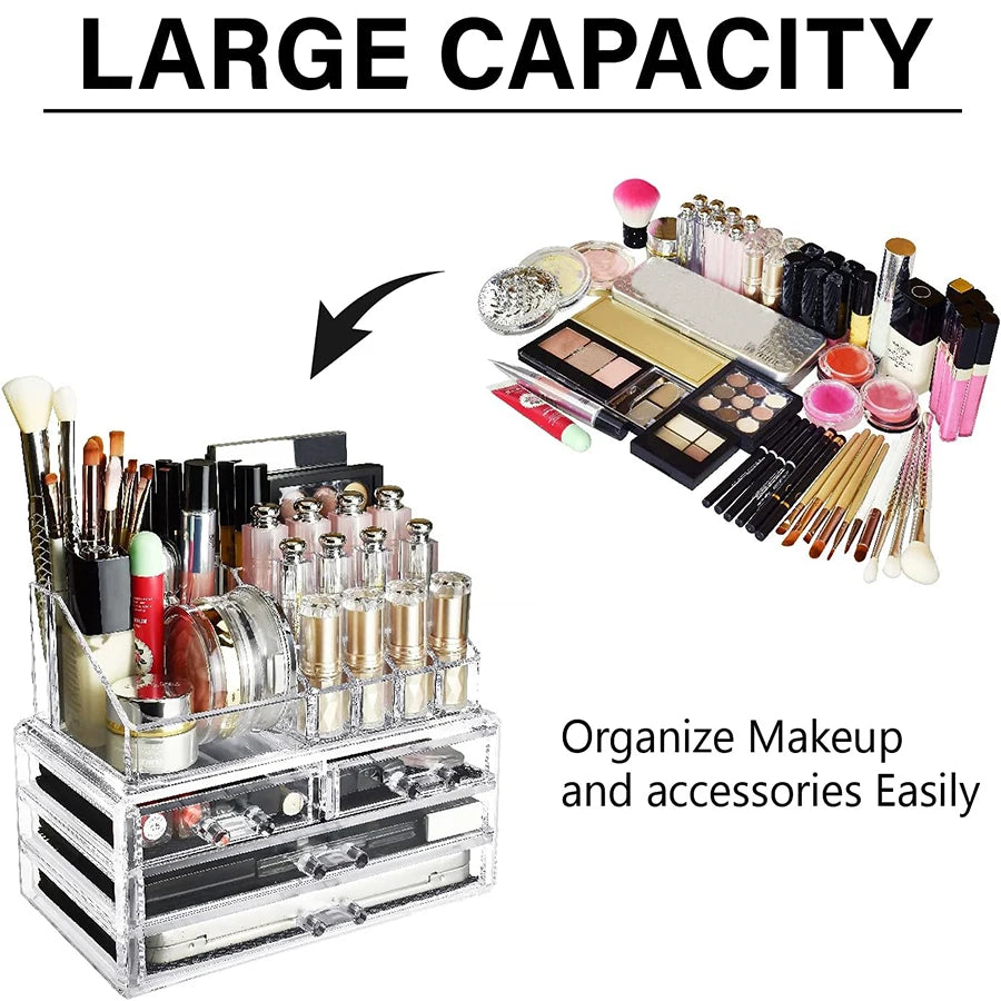2-Tier Clear Makeup Organizer with Drawer, Acrylic Cosmetic Display Case for Makeup Vanity Bathroom Counter Organizers Storage