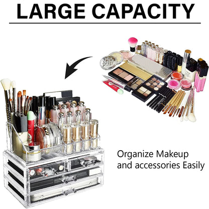 2-Tier Clear Makeup Organizer with Drawer, Acrylic Cosmetic Display Case for Makeup Vanity Bathroom Counter Organizers Storage