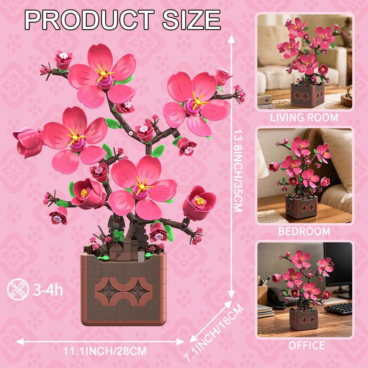 Pink Peach Blossom Potted Plant Building Block Flower Model Puzzle Toys Sets New Year Christmas Birthday Gifts