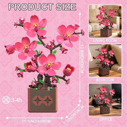 Pink Peach Blossom Potted Plant Building Block Flower Model Puzzle Toys Sets New Year Christmas Birthday Gifts