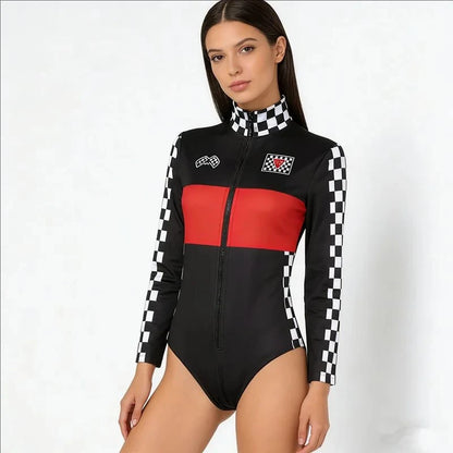 Women Race Car Driver Jumpsuit Cosplay Costume Sexy Bodysuit Long Sleeves Car Game Racer Girl Cheerleaders Uniform Halloween