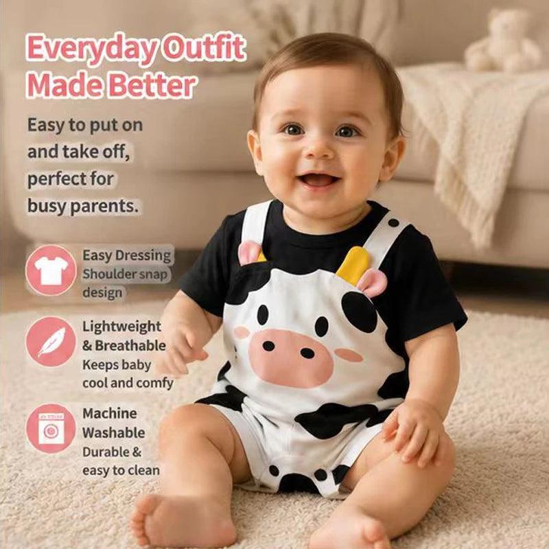 Newborn Baby Unisex Summer Cow Horn Fake Suspender Short Sleeve Spandex Stretch Wrinkle‑Resistant Daily Photo Jumpsuit 0‑18M