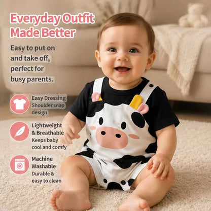 Newborn Baby Unisex Summer Cow Horn Fake Suspender Short Sleeve Spandex Stretch Wrinkle‑Resistant Daily Photo Jumpsuit 0‑18M