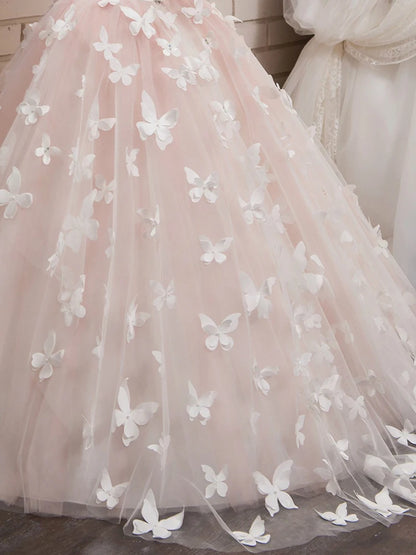 Elegant and Lovely butterfly Floor Mopping Flower Girl Wedding Dress, Lace Long-Sleeved Ball Dress