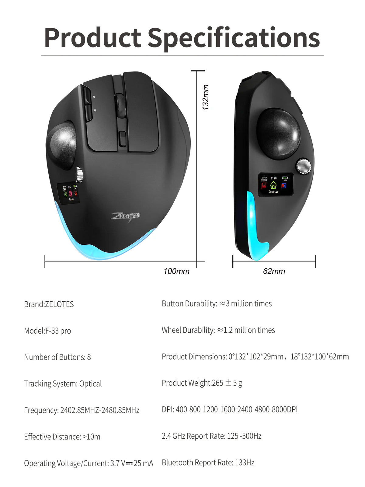 Lefon F33Pro Trackball Ergonomic Mouse 2.4G Wireless Mouse Rechargeable Bluetooth Programmable Mice for PC Office Drawing