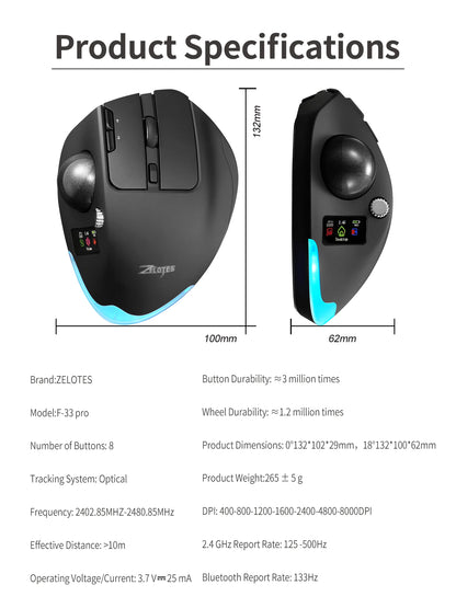 Lefon F33Pro Trackball Ergonomic Mouse 2.4G Wireless Mouse Rechargeable Bluetooth Programmable Mice for PC Office Drawing