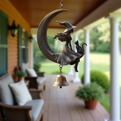Witch Wind Chime Halloween Witch Black Cat Moon Wind Chime for Garden Patio Decor Metal Hanging Bell Ornament with Cat for Lawn