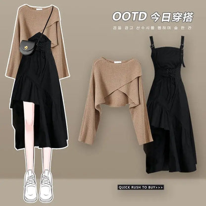 2026 Women's Spring Autumn New Dress Matching Set Female Elegant Short Knitted Sweater+Irregular Sexy Strap Skirt Two Piece Suit