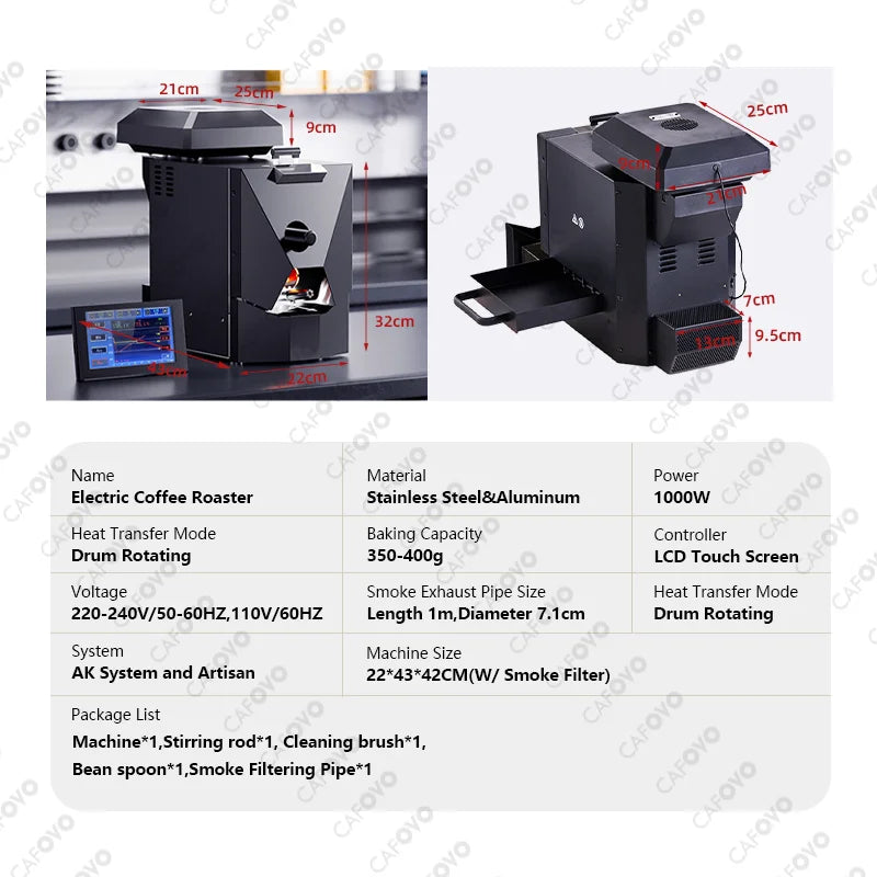 CAFOVO RE-2 Electric Coffee Roaster 500g Capacity with Artisan Software Dual Temperature Monitoring Commercial Home Roasting