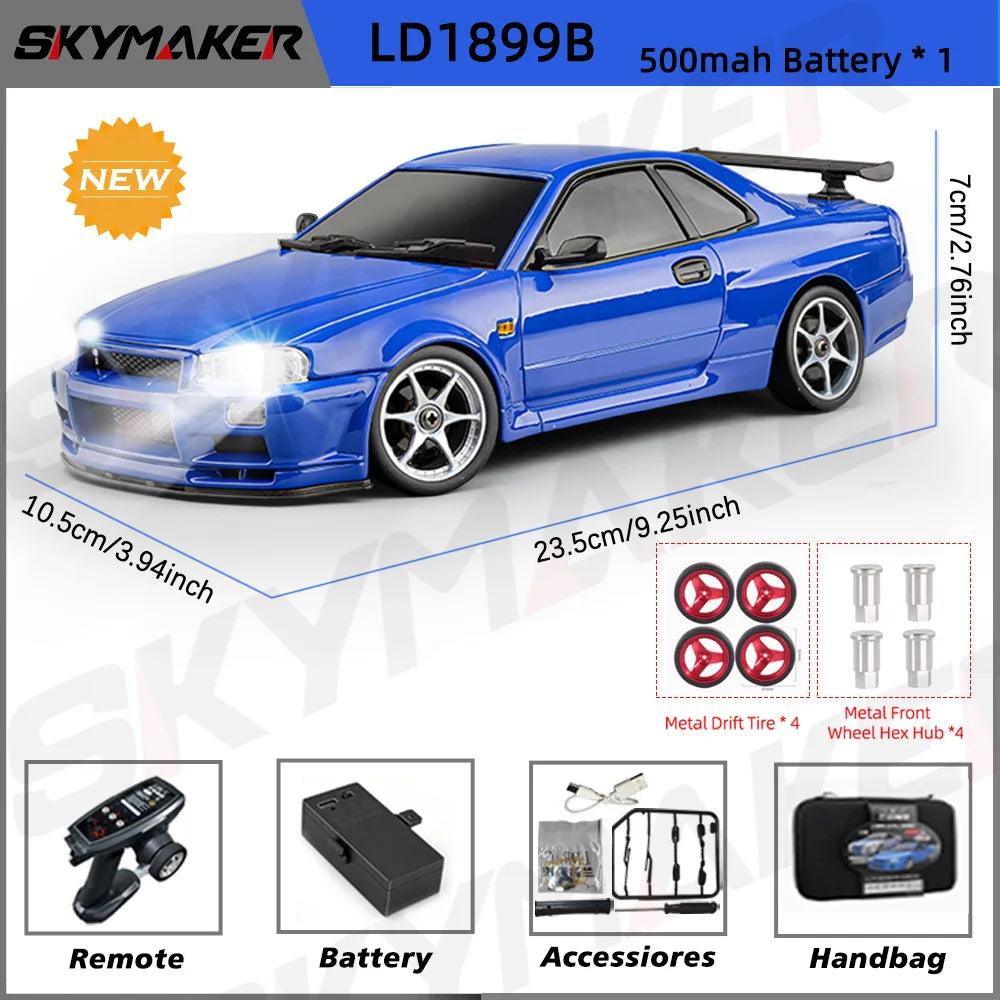 Skymaker LDRC 1/18 RC Drift Car LD1899 GTR Mode R34 2.4GHz RWD with Gyroscope on-Road Alloy Body Shell Racing Car for Boys Gifts