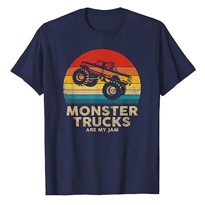 Monster Truck Are My Jam Vintage Tees Retro Sunset Cool Engines T-Shirt Monster Truck Car for Birthday Boy Sons Gifts Cute Tops