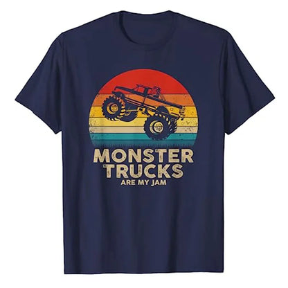 Monster Truck Are My Jam Vintage Tees Retro Sunset Cool Engines T-Shirt Monster Truck Car for Birthday Boy Sons Gifts Cute Tops
