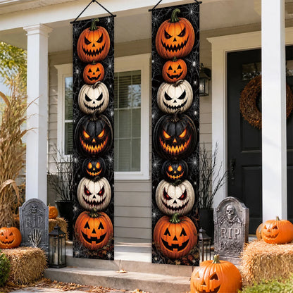 Halloween Porch Vertical Banner Set Scary Jack O Lantern Pumpkin Spider Web Hanging Sign for Outdoor Halloween Party Decorations