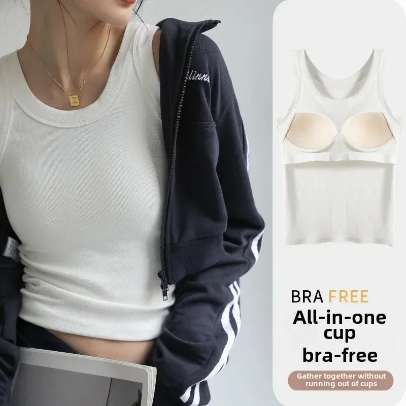 Seamless Built-in Bra Tank Top for Women Wirefree Sports Bra Summer Sleeveless Shirt, Breathable Workout Vest with T-Shirt Combo