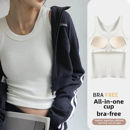Seamless Built-in Bra Tank Top for Women Wirefree Sports Bra Summer Sleeveless Shirt, Breathable Workout Vest with T-Shirt Combo