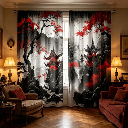 2 Pieces of Japanese Style New Chinese Ink Pattern Printed Curtains with Pole Bag Design, Suitable for Bedrooms and Living Rooms