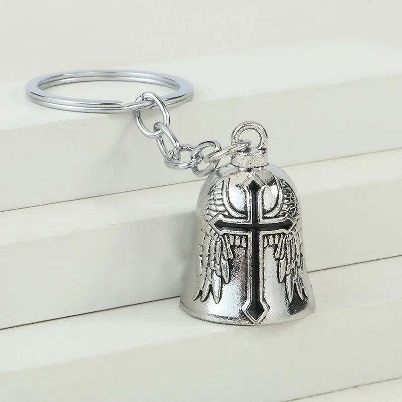 Punk Style Bell Keychain Metal Wing Cross Pendant Vintage Helmet Motorbike Rider Charm Bag Car Key Ring Gift