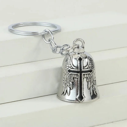 Punk Style Bell Keychain Metal Wing Cross Pendant Vintage Helmet Motorbike Rider Charm Bag Car Key Ring Gift
