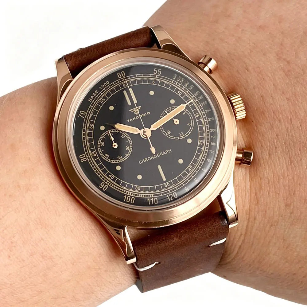 Rose Gold 38mm Tandorio Retro Men Watch Sport Watches Miyota OS20 Movement Chronograph Quartz Clock Black White Arched Glass