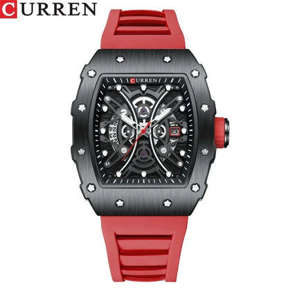 Curren 8438 Luxury Silicone Strap Men's Quartz Wristwatches Waterproof Square Sports Watch with Calendar Function