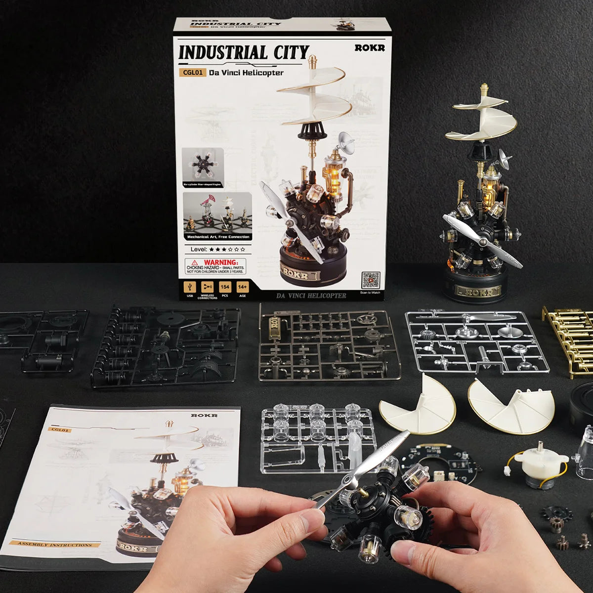 ROBOTIME ROKR Leonardo Da Vinci's Helicopter 3D Puzzle Steampunk Mechanical Model with Moving Wing LED Unique XMAS Gift For Men