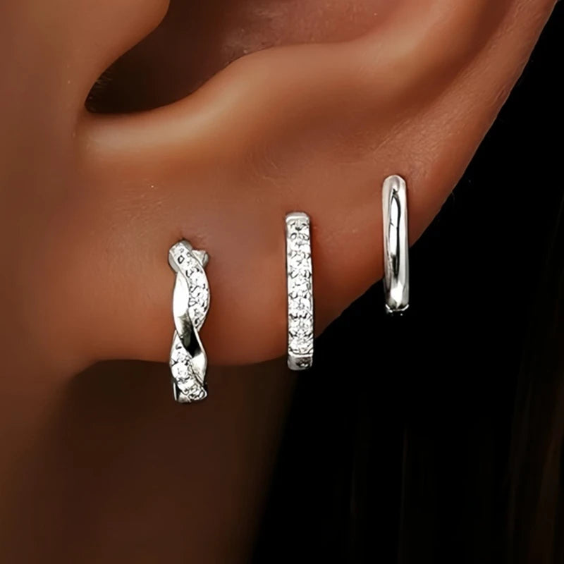 3PCS Stainless Steel Gold Color Circle Hoop Earrings Set for Women Simple Zircon Flower Stud Earring Cartilage Piercing Jewelry