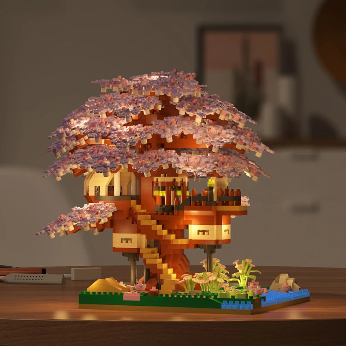 Large Sakura Treehouse Micro Particle Building Blocks, High-Difficulty Assembly Toy, 3D Collectible Display Piece, Suitable as a Holiday Gift for Children Aged 6 and Above