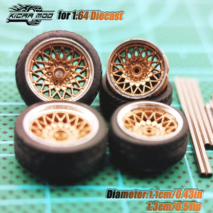 Kicarmod 1/64 Model Car ABS Wheels with Rubber Tire Metal Rims Front Small Rear Large Refitting Parts For Model Car