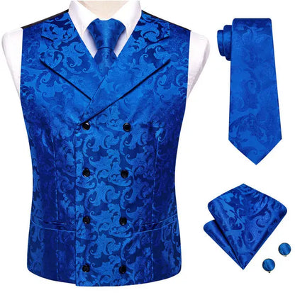 Formal Men V-Neck Waistcoat 4-in-1 Set Vest Tie Pocket Square Cufflinks Wedding Dress Accessory