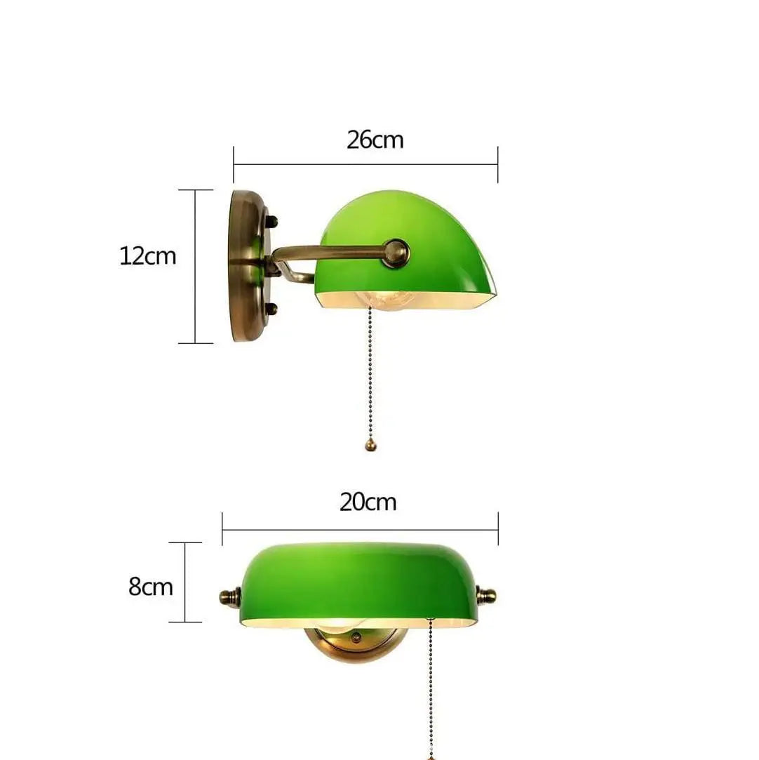 Green Glass Bankers Lamp Shade Adjustable Wall Light with Pull Chain Switch Hard Wired for Bedroom Sconce Fixture
