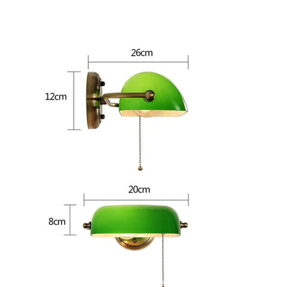 Green Glass Bankers Lamp Shade Adjustable Wall Light with Pull Chain Switch Hard Wired for Bedroom Sconce Fixture
